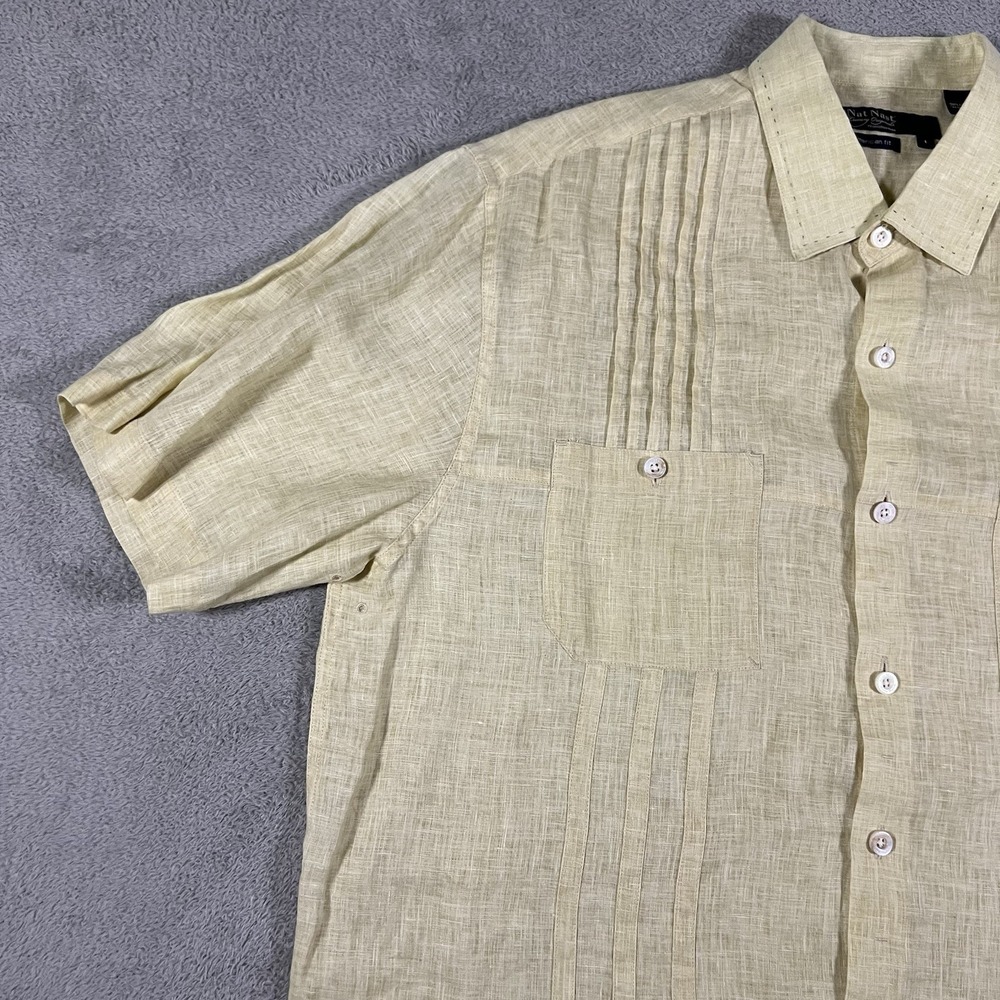 Nat Nast Shirt Mens Large Yellow Linen Button Up Short Sleeve Beach Preppy - Picture 5 of 12